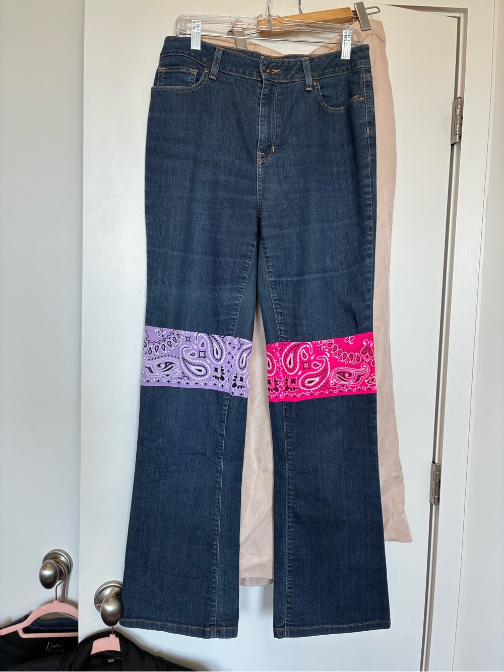 Dark Blue Women's Jeans with Pink & Lavender Bandana Accents